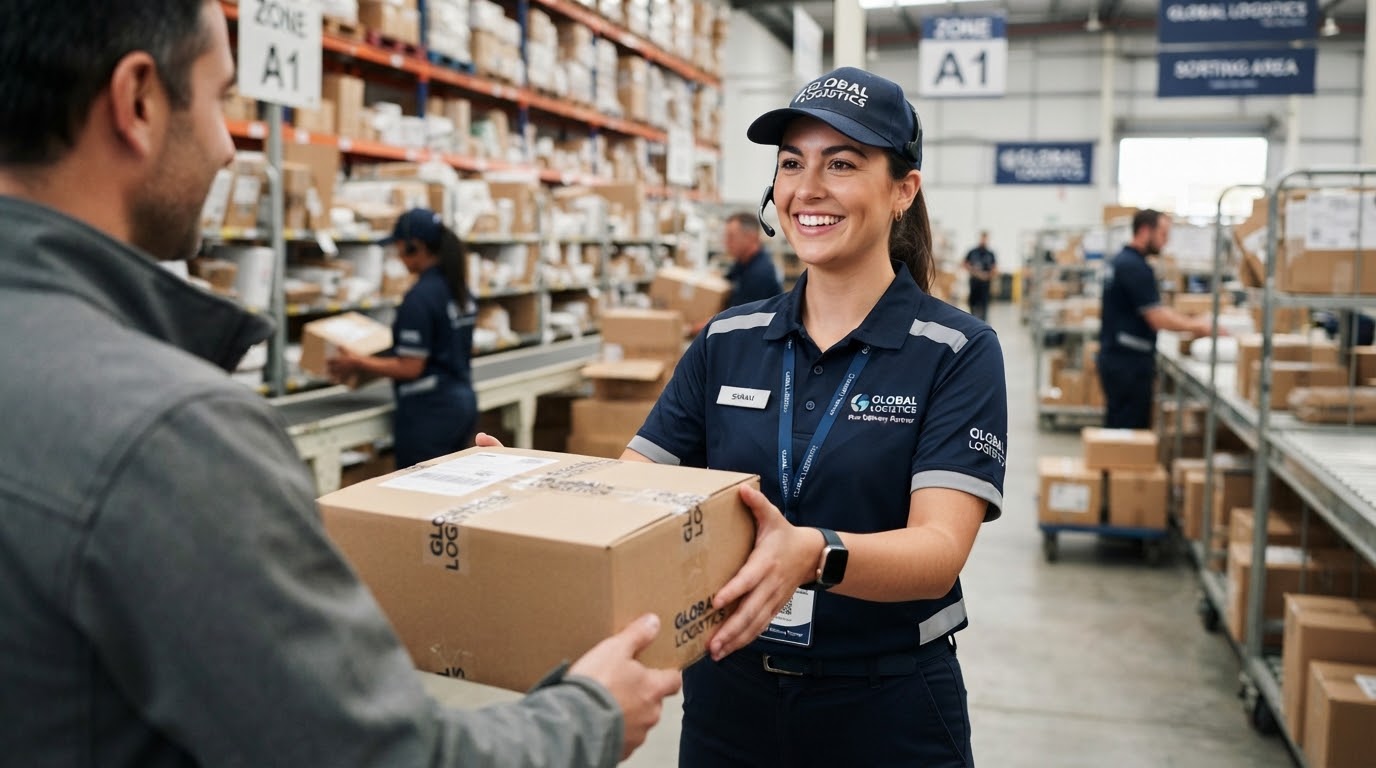 Atención cercana de mensajero entregando paquete